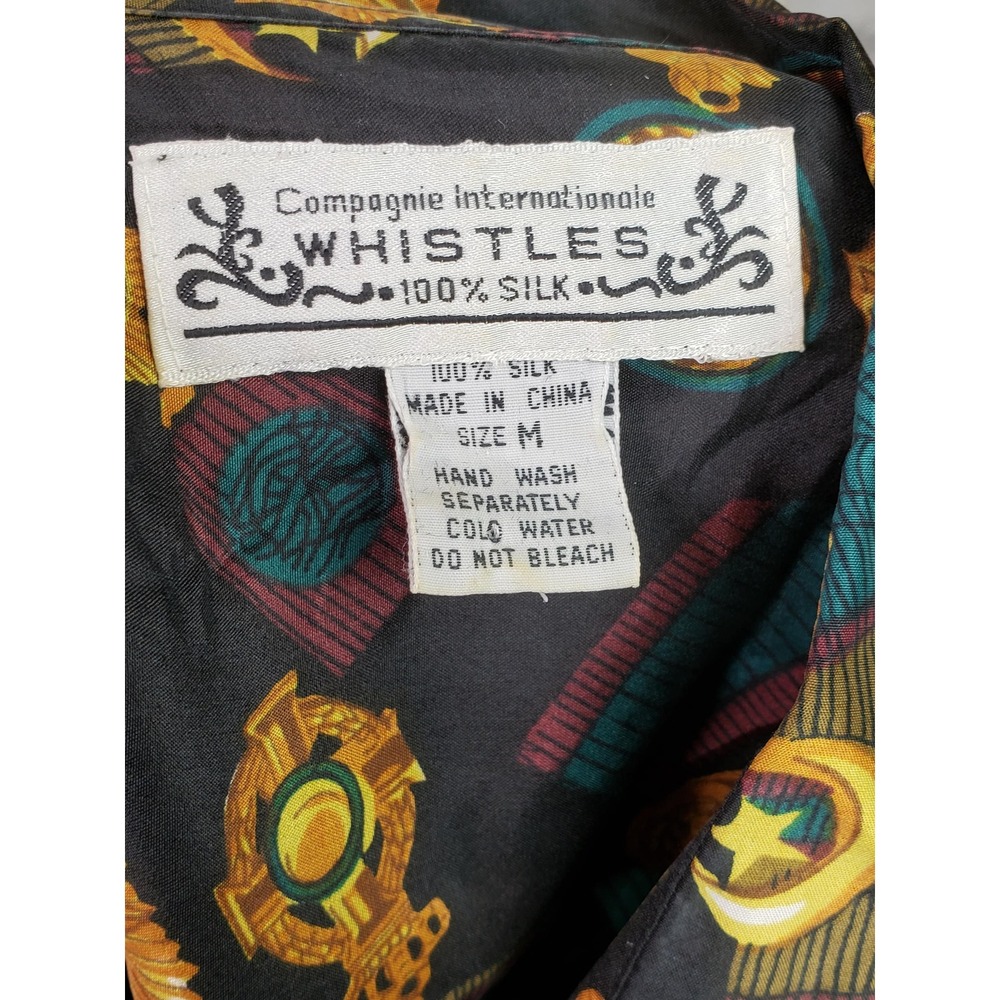 Vintage 80s navy blue silk blouse baroque medals ribbons print sz‎ M by Whistles - Picture 5 of 7